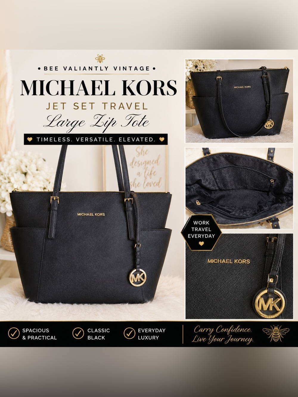 Michael Kors Jet Set Travel Large Black Saffiano Leather Zip Tote | Classic